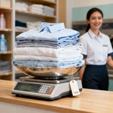 Stack of neatly folded clothes on a digital scale.