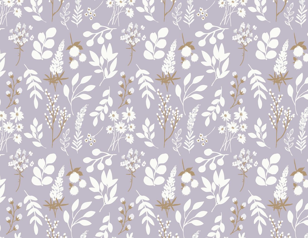 Watercolor leaves and flowers in a lilac purple and cream design