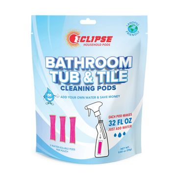 pouch that contains tub and tile cleaning pods to add water and make tub and tile cleaner for homes 