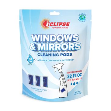 pouch that contains window and mirror cleaning pods you add water to make  window cleaner for homes