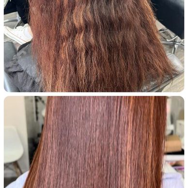 Before and after of hair transformation from frizzy to sleek and smooth.