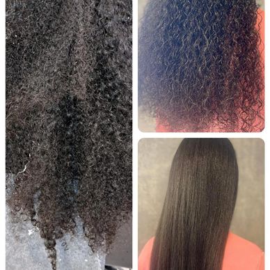 Transformation of curly hair from frizzy to sleek and straight.