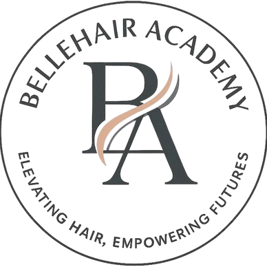 Logo of Bellehair Academy with stylized letters and a hair strand graphic.
