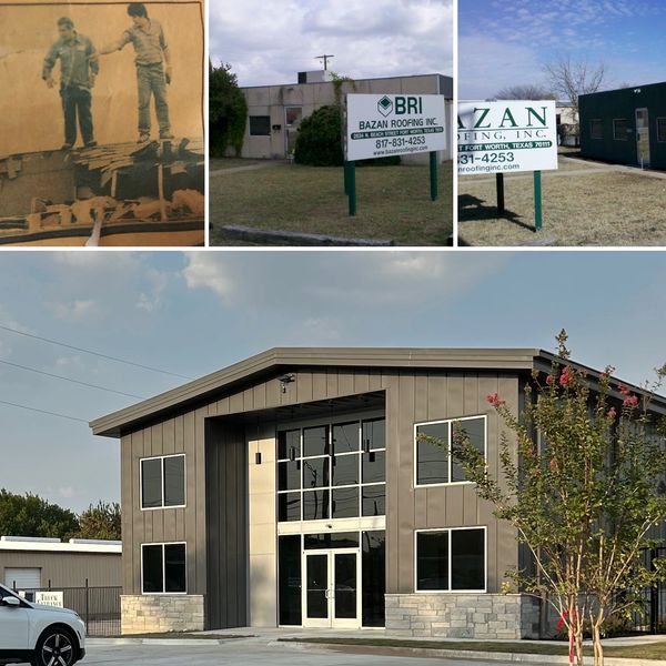 Evolution of Bazan Roofing Inc. from old photo to modern building.