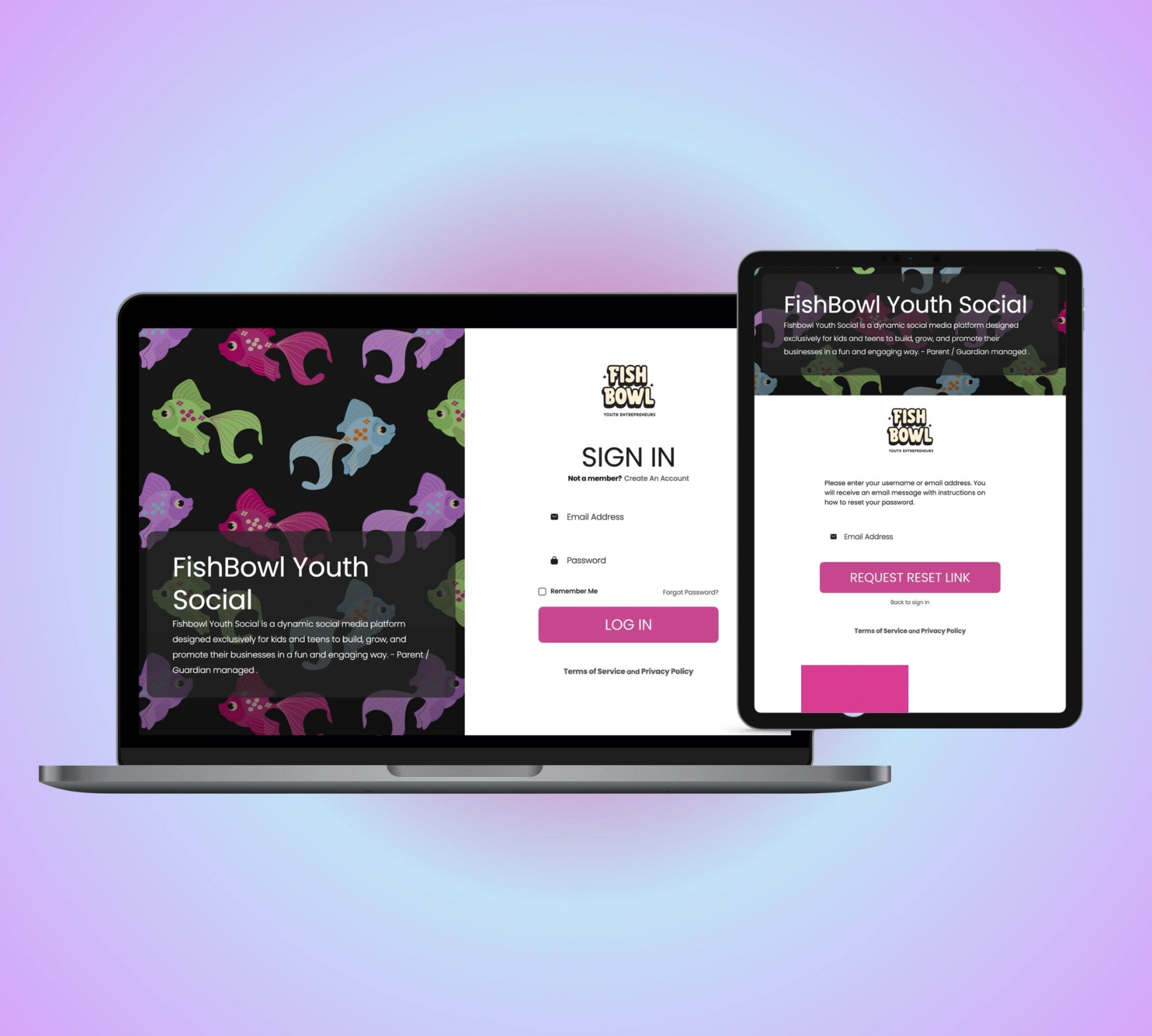 Screens showing FishBowl Youth Social login and password reset pages.