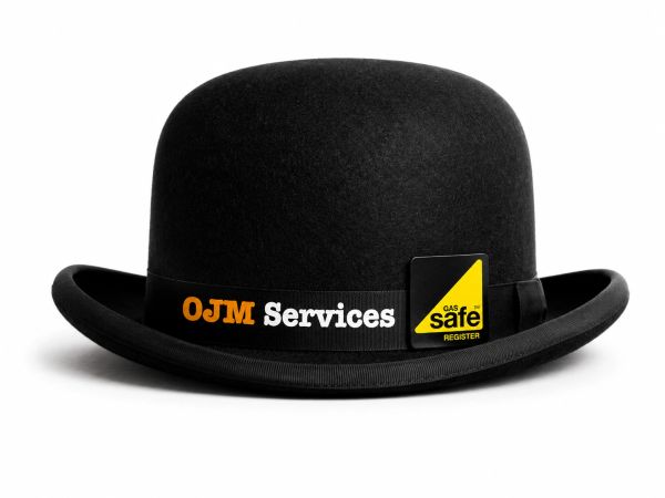 Black bowler hat with OJM Services and Gas Safe Register logos.