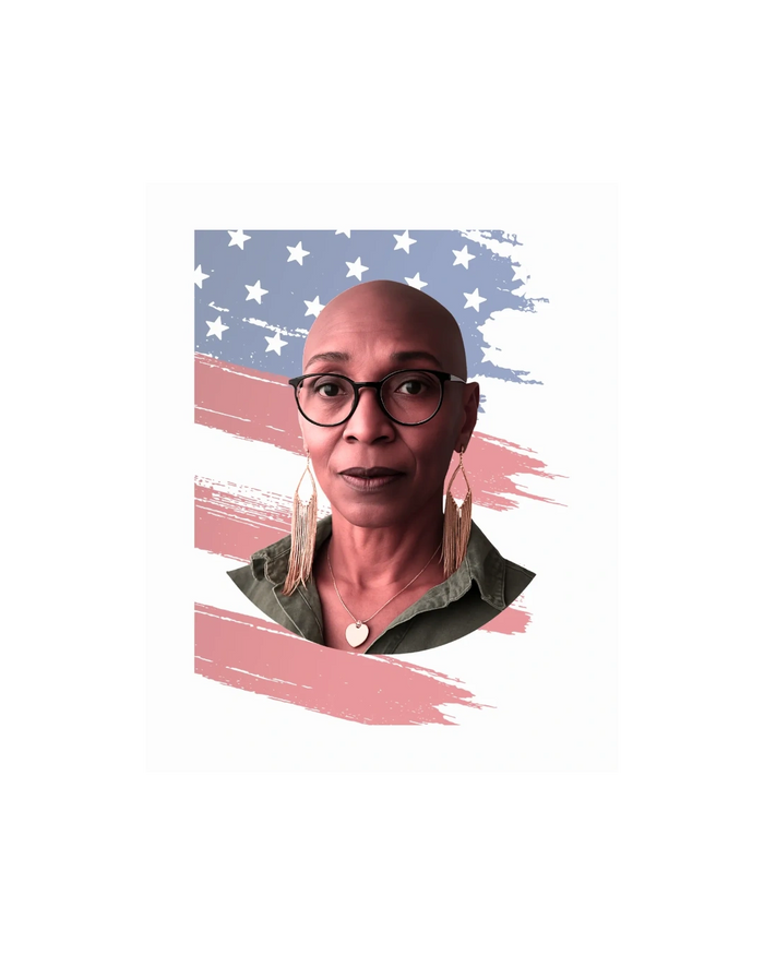 Portrait of a woman with glasses and earrings against a stylized American flag background.
