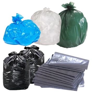 Various colored garbage bags including blue, white, green, black, and a stack of gray bags.