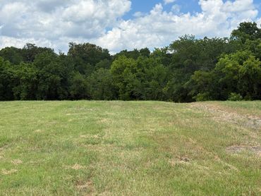 A grassy field bordered by dense green trees under a partly cloudy sky.