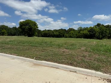 Open grassy field with trees under a partly cloudy blue sky.