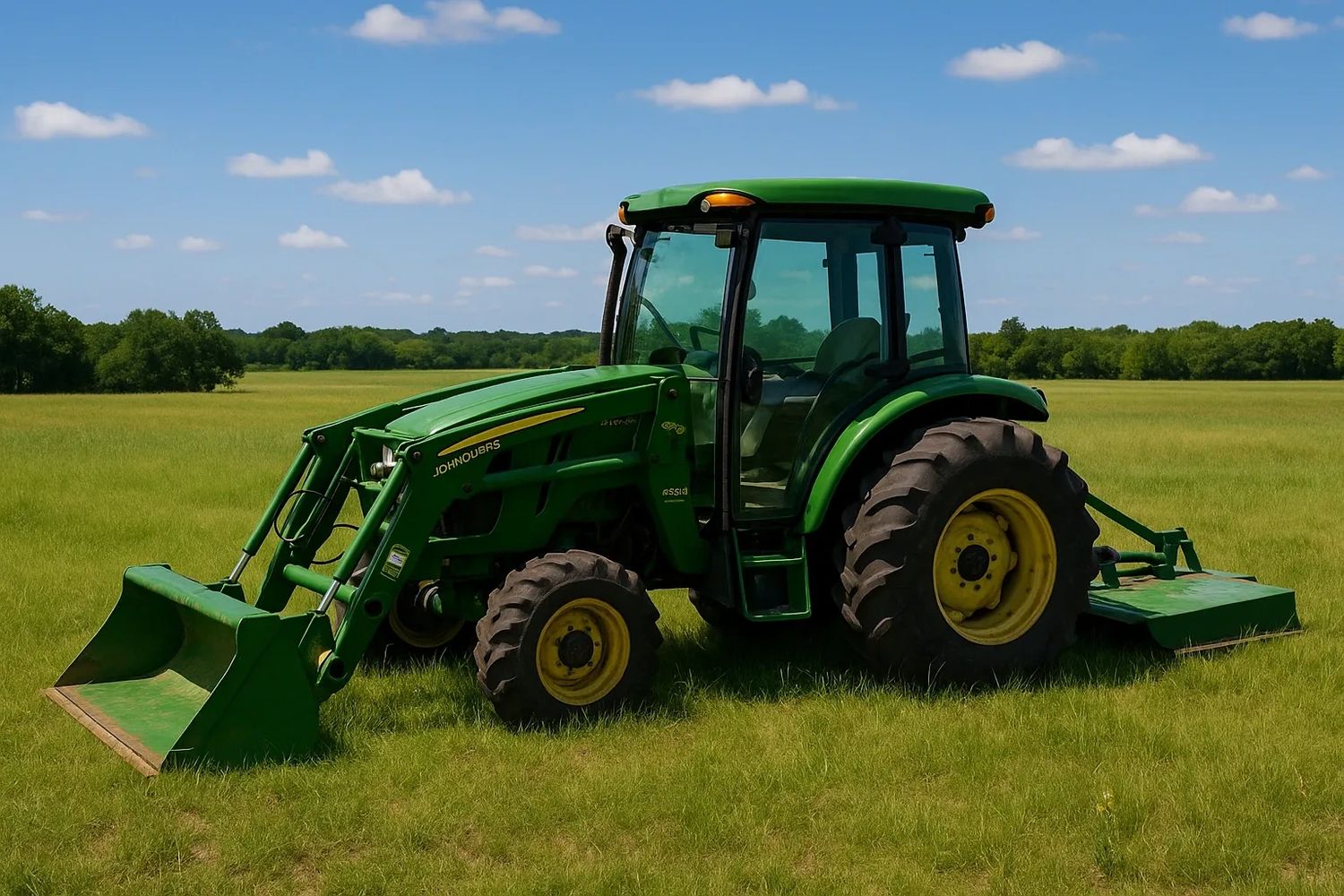 Green tractor parked on a grassy field under a blue sky.