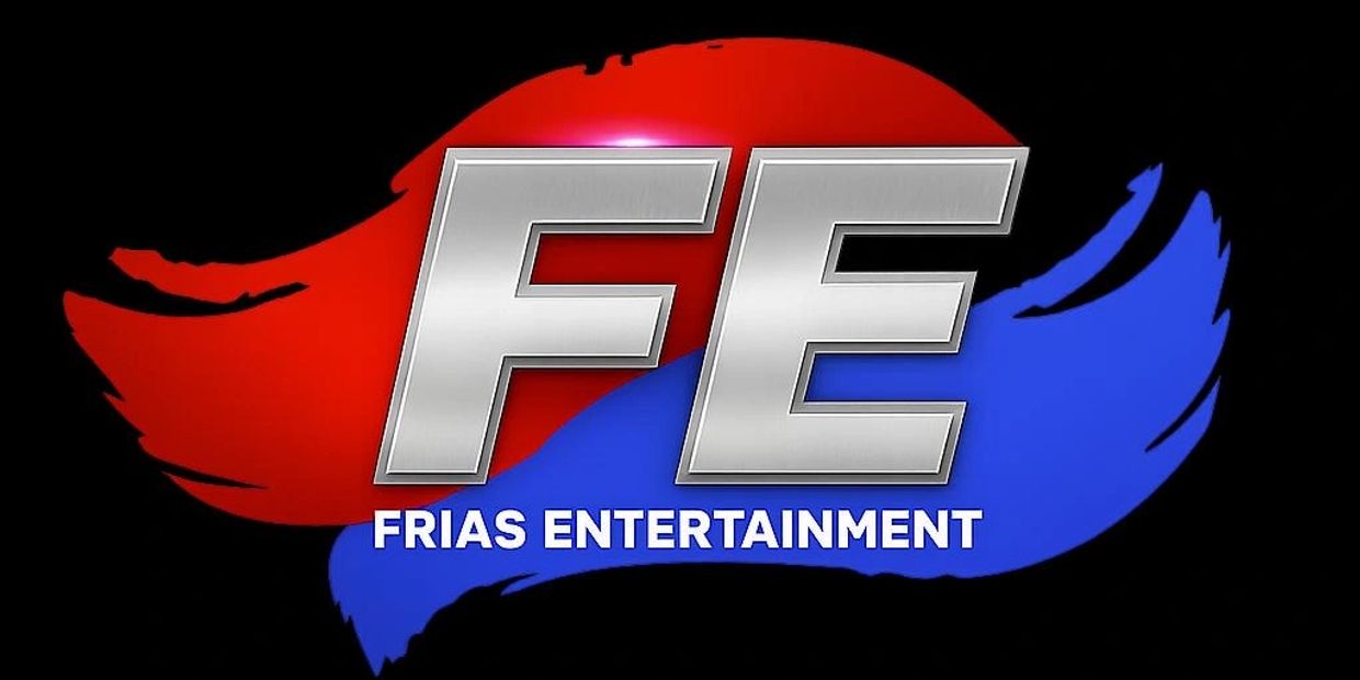 Logo for Frias Entertainment with bold silver letters and red and blue brush strokes.