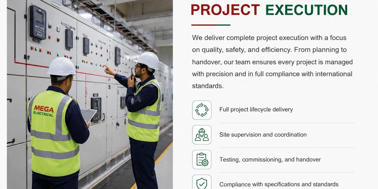 Two engineers in safety gear inspecting electrical panels for project execution.