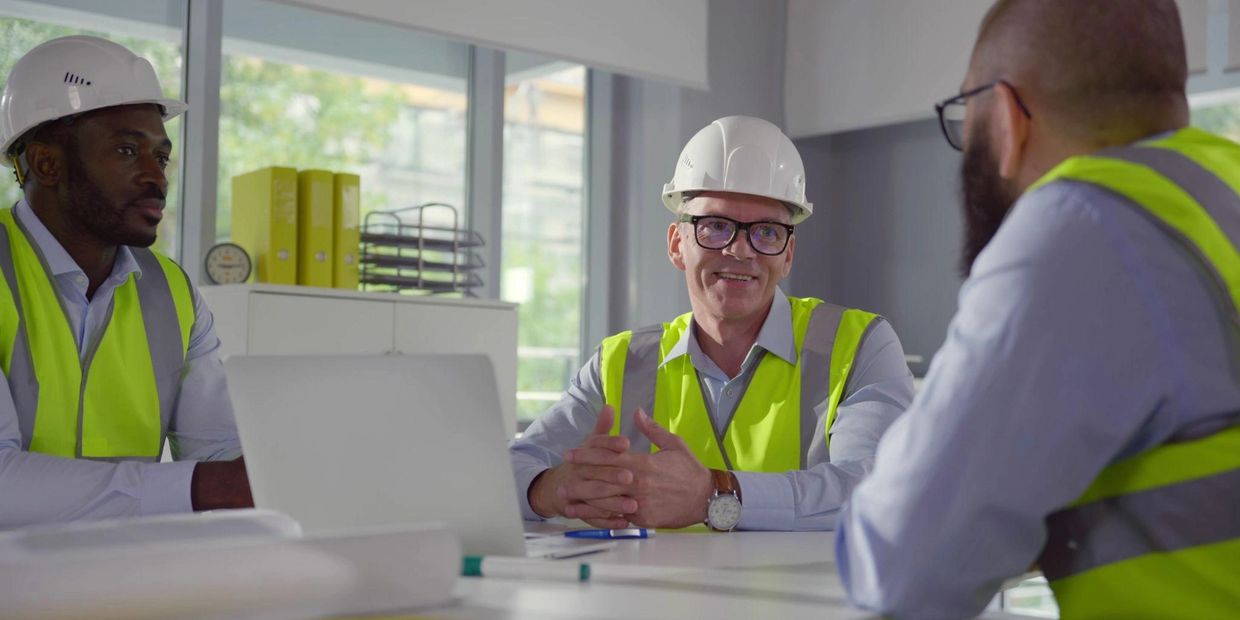 Three engineers in safety gear discussing a project around a table.