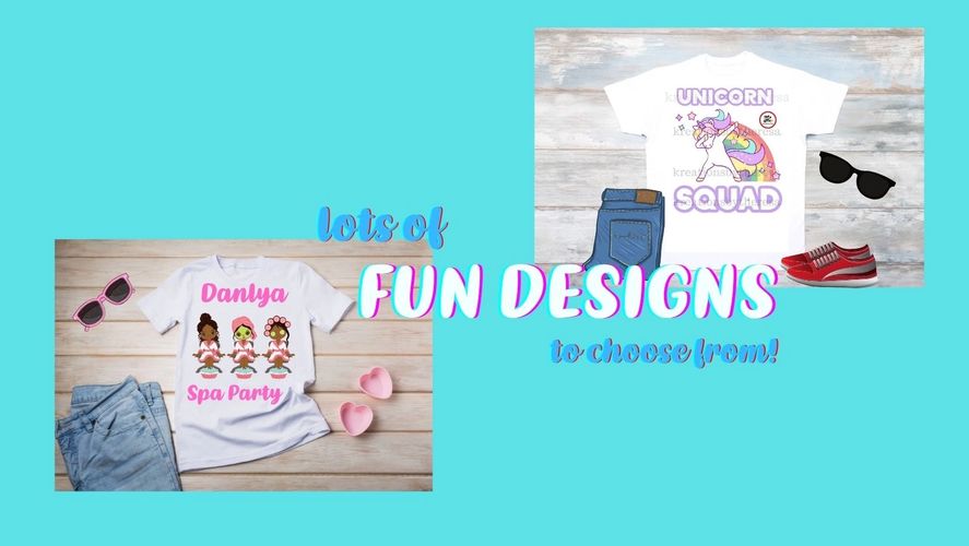 Two fun-themed T-shirt designs with accessories on a blue background.