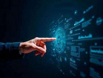 Hand interacting with a futuristic digital interface displaying data and analytics.