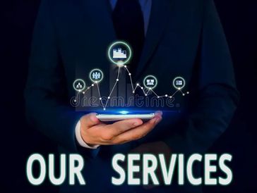 Businessman showcasing digital service icons above a smartphone with 'Our Services' text.