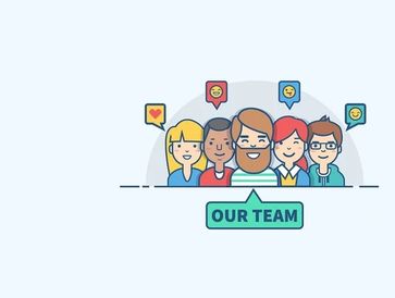 Illustration of a diverse team with speech bubbles above their heads and a label saying 'OUR TEAM'.