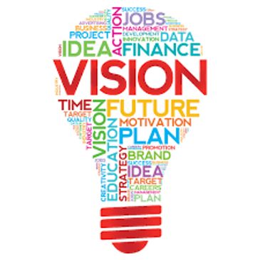 Colorful word cloud shaped like a light bulb focused on vision and planning.