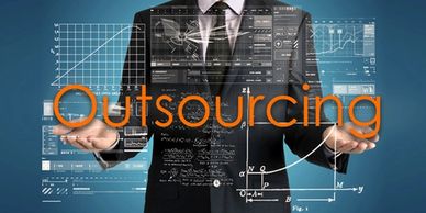Businessman presenting the concept of outsourcing with futuristic data visuals.