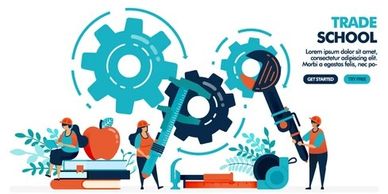 Illustration of people learning trade skills with large tools and gears.