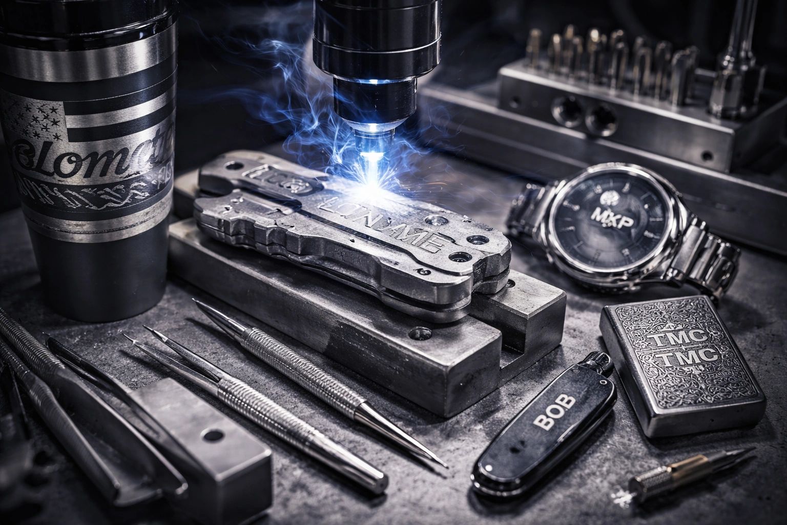 Engraving a metal knife handle with precision tools and equipment.