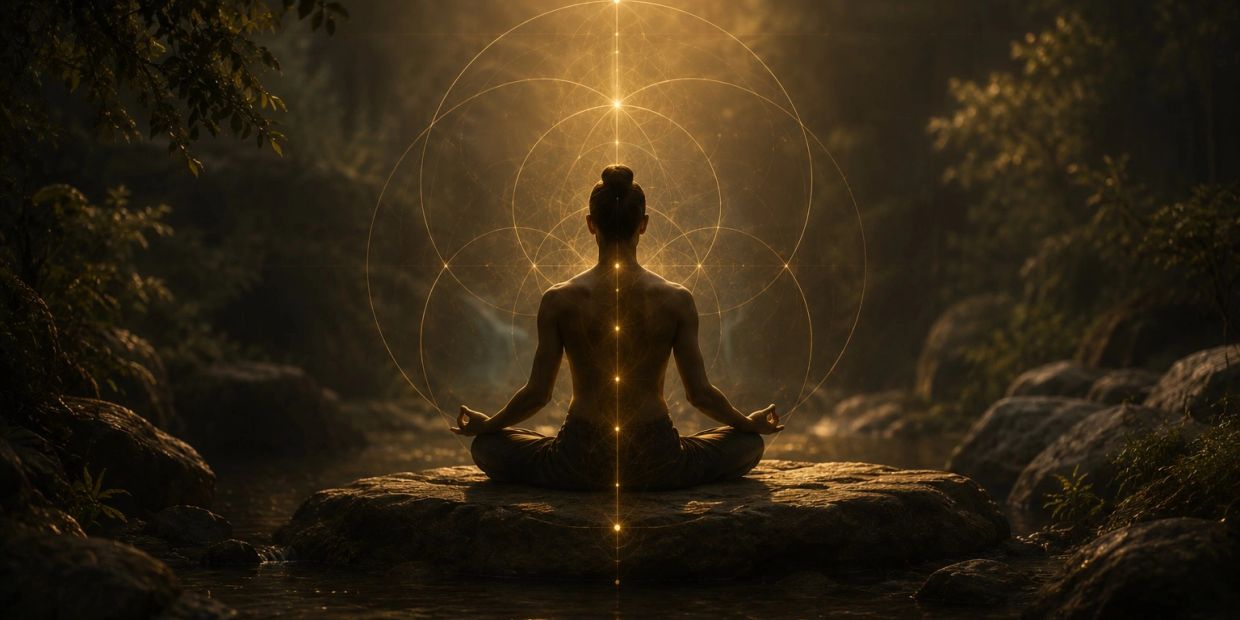 Person meditating with glowing spiritual circles around.