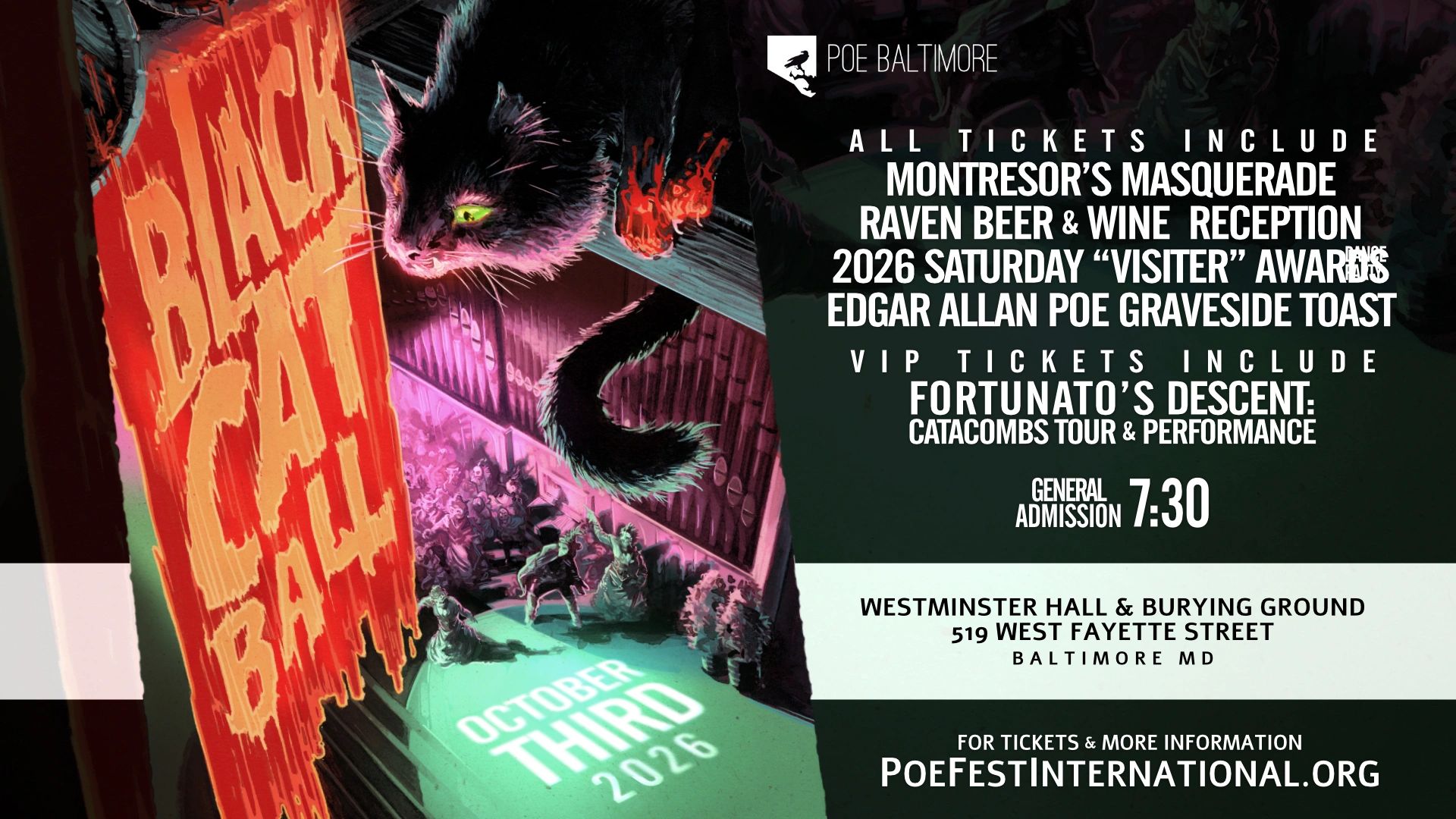 Black Cat Ball 2026 event graphic featuring a dramatic black cat, red banner, and Poe Baltimore even
