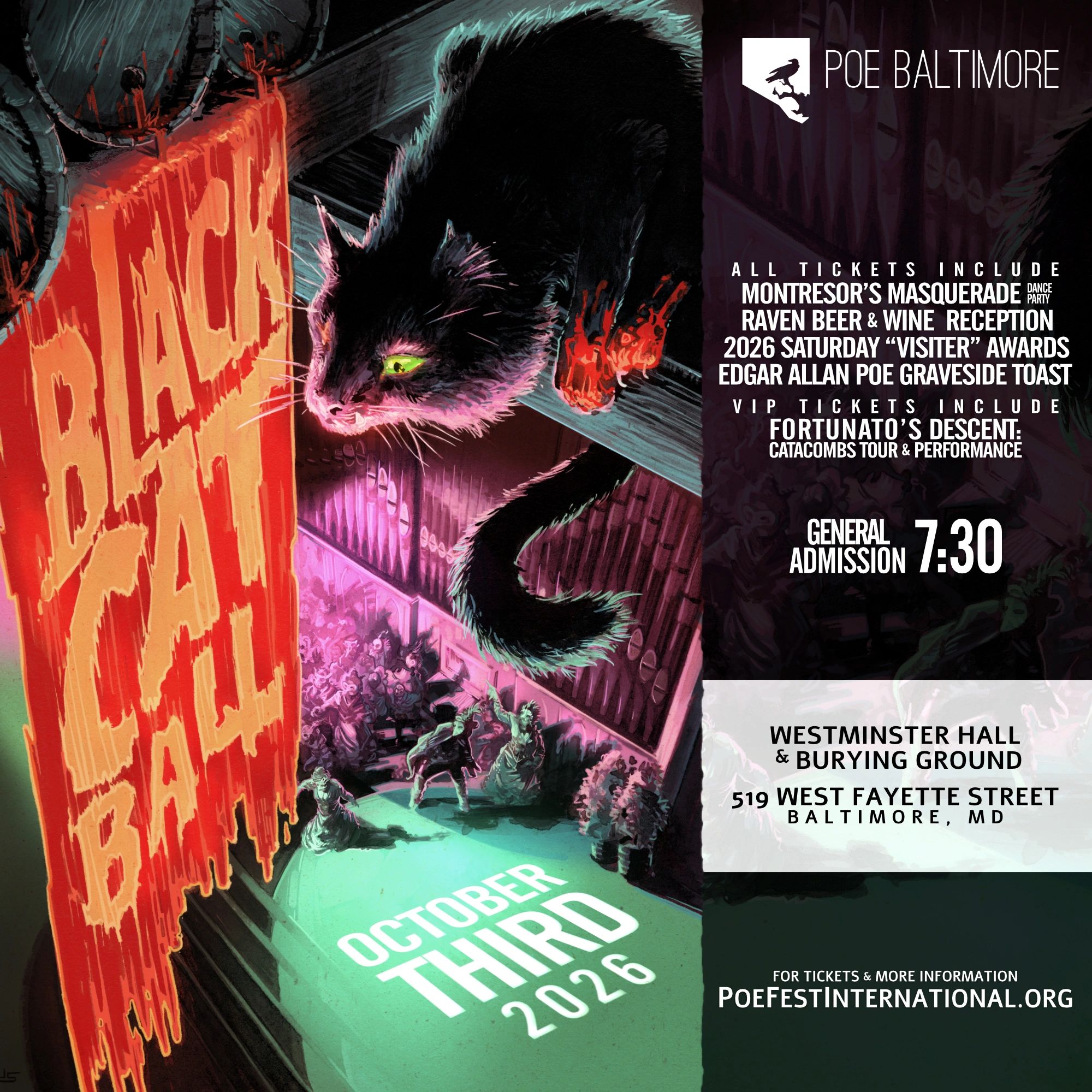 Black Cat Ball 2026 event graphic with a black cat, red banner, Poe Baltimore logo, and event detail