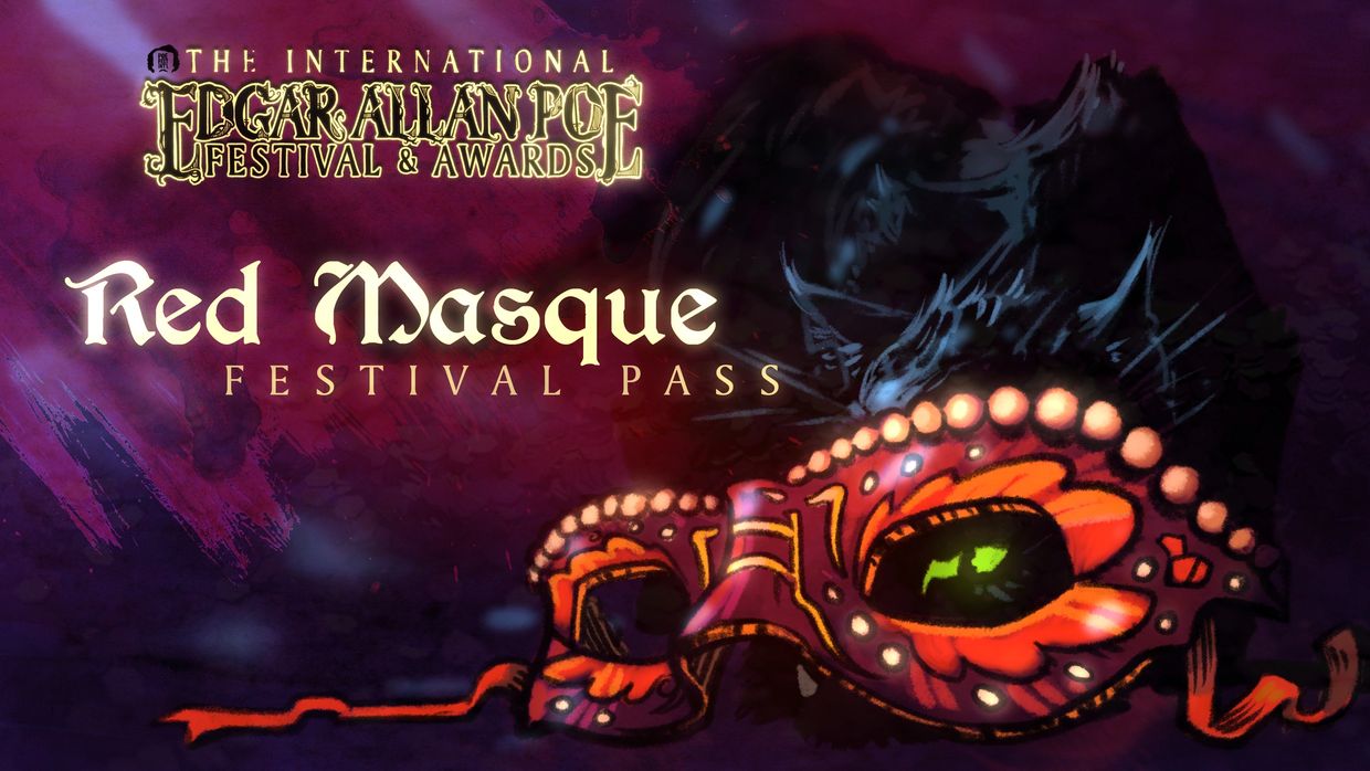 Red Masque Festival Pass main graphic, cat peeking through red party masque. 