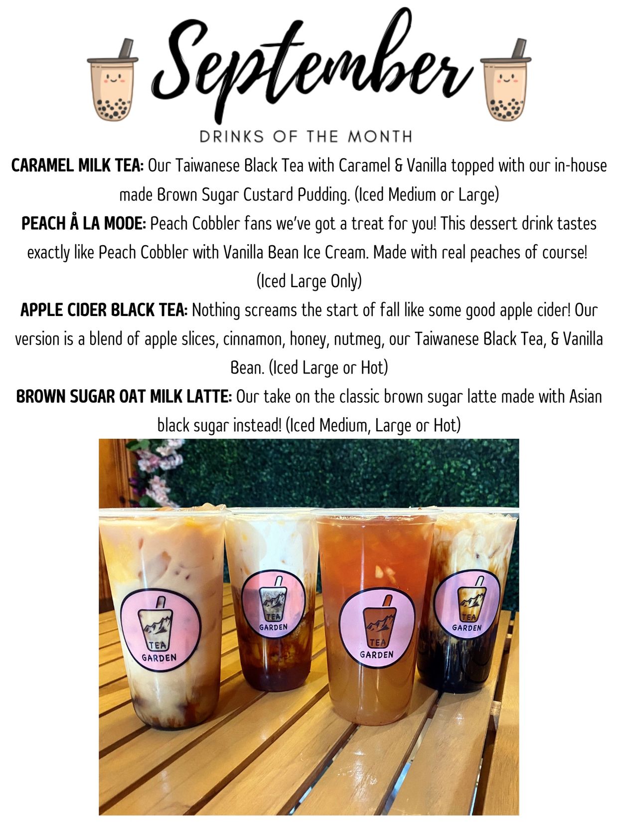 Tea Garden Bubble Tea, Menu