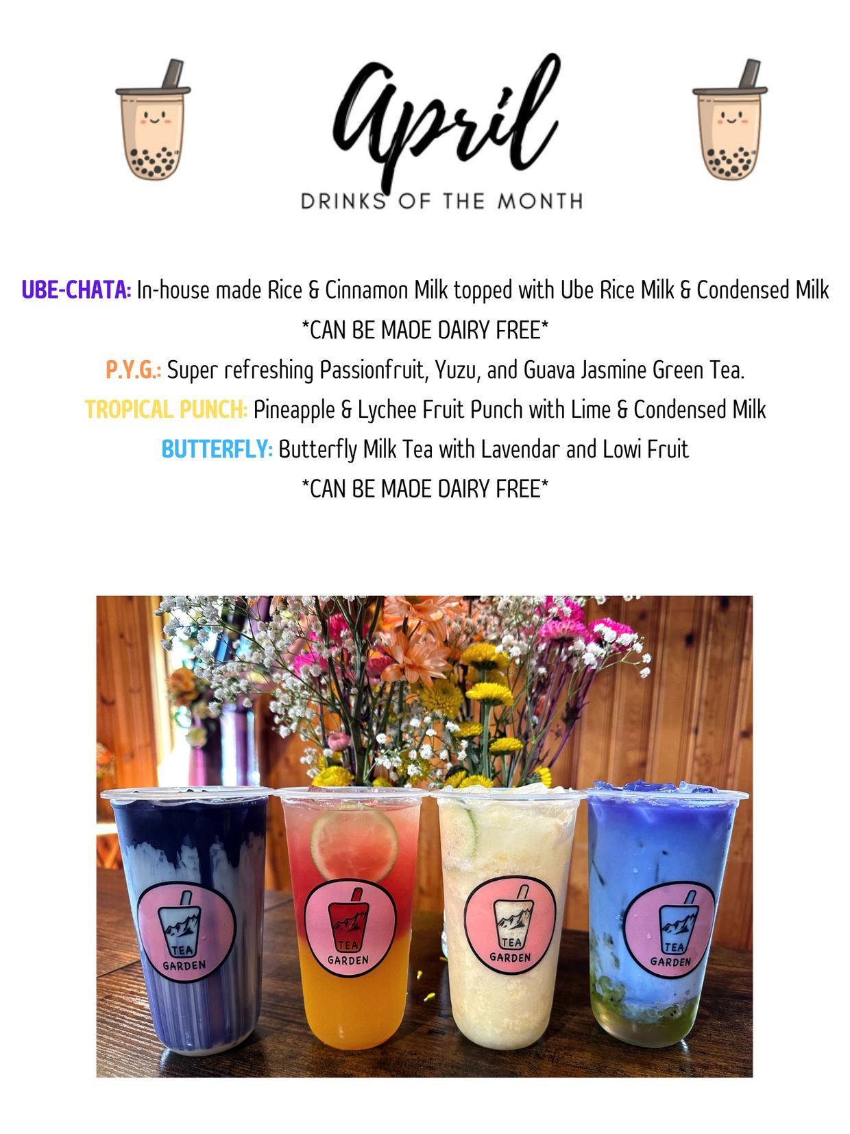 Tea Garden Bubble Tea, Menu