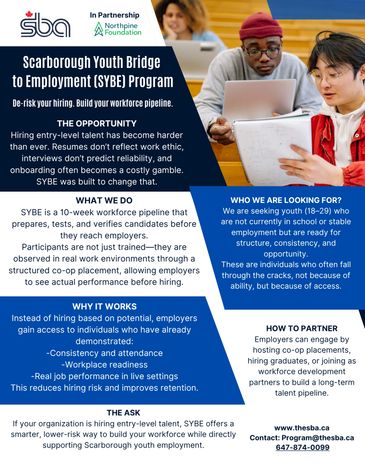 Flyer for Scarborough Youth Bridge to Employment program helping youth ages 18-29.