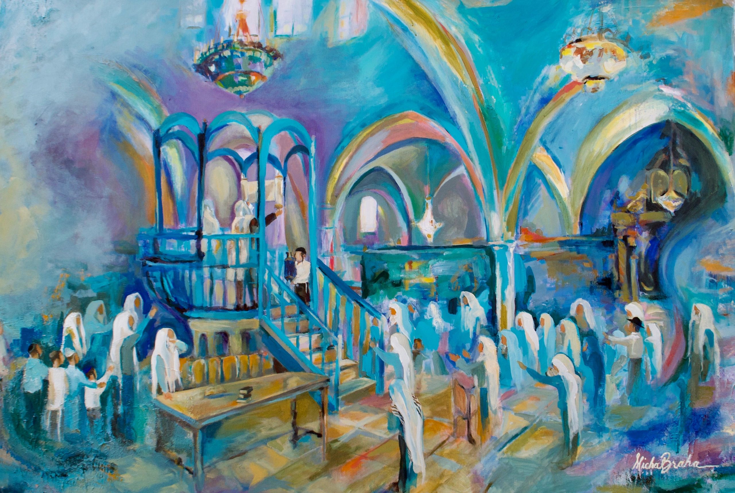Colorful abstract painting of people in a church-like setting.