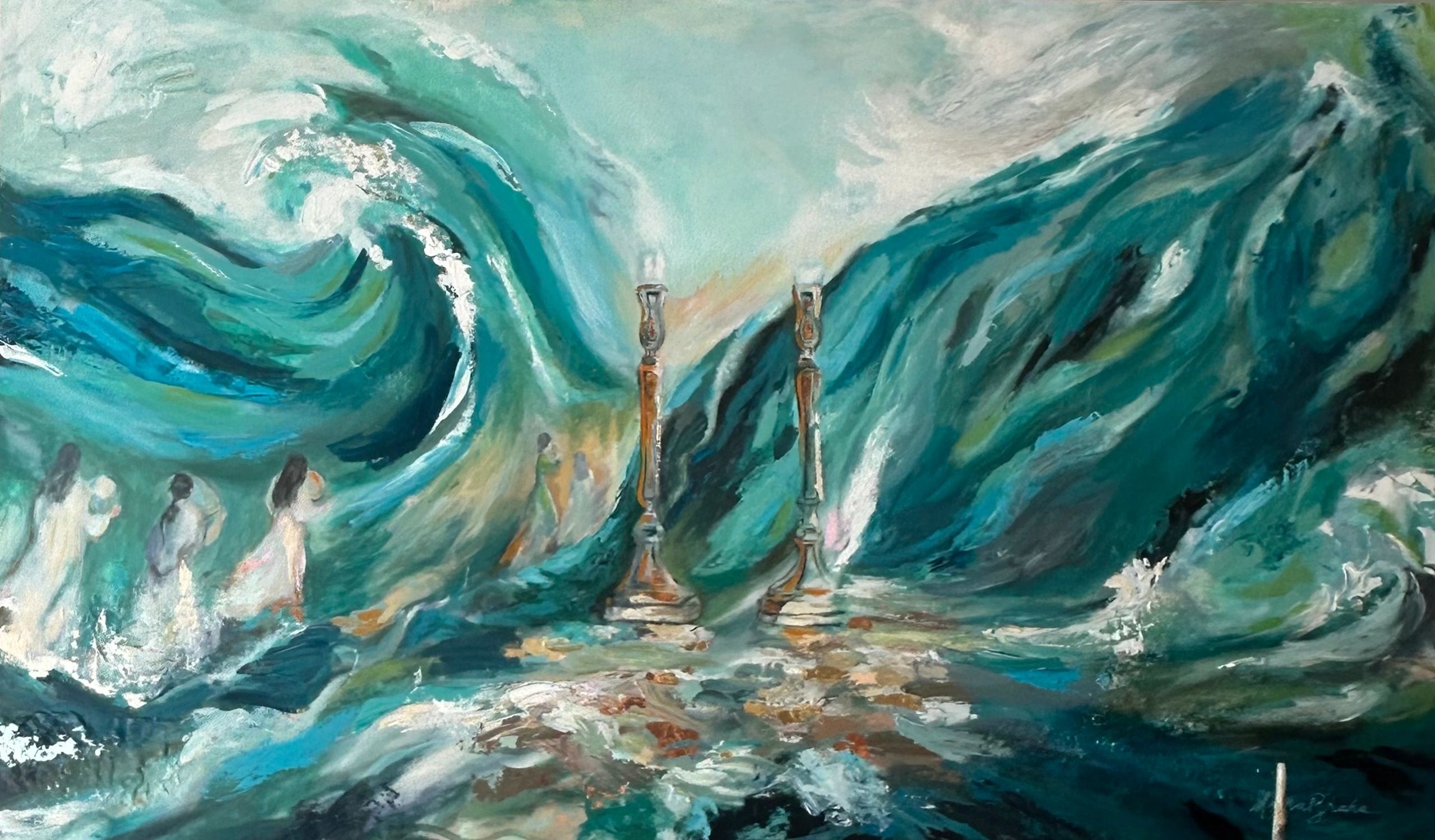 Surreal painting of parted waters with candle holders at the center.