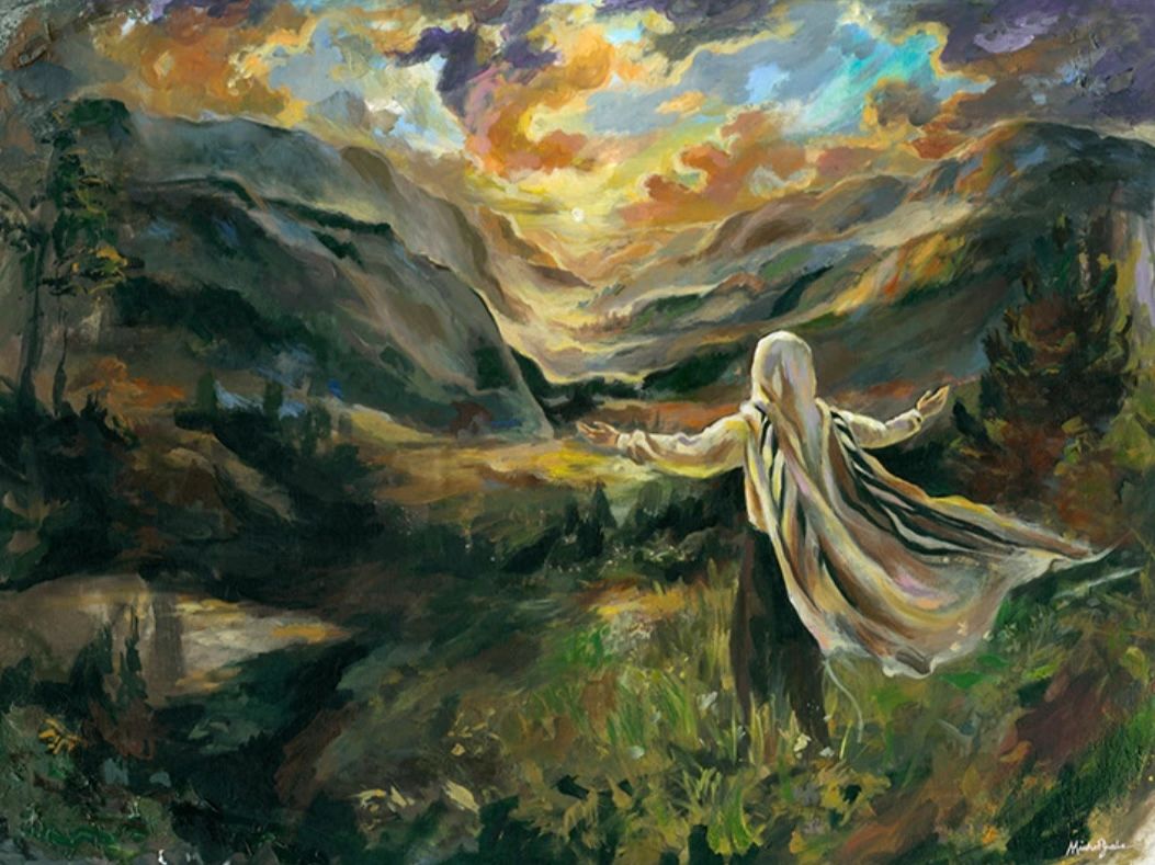 Figure with arms outstretched in a dramatic landscape.