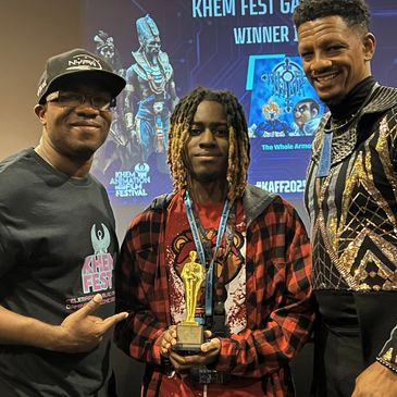 Three men pose with an award at Khem Fest Gala.
