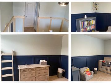 Progression of a room makeover from unfinished wood paneling to a finished navy wainscoting nursery.