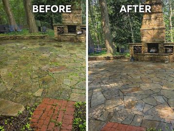 Before and after patio restoration with cleaned stone flooring and fireplace.