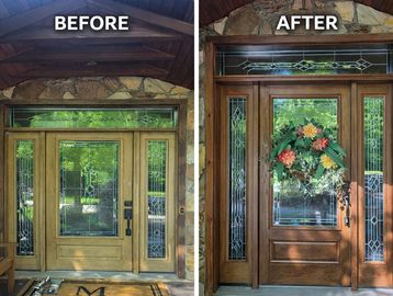 Before and after images of a front door upgrade with a floral wreath.
