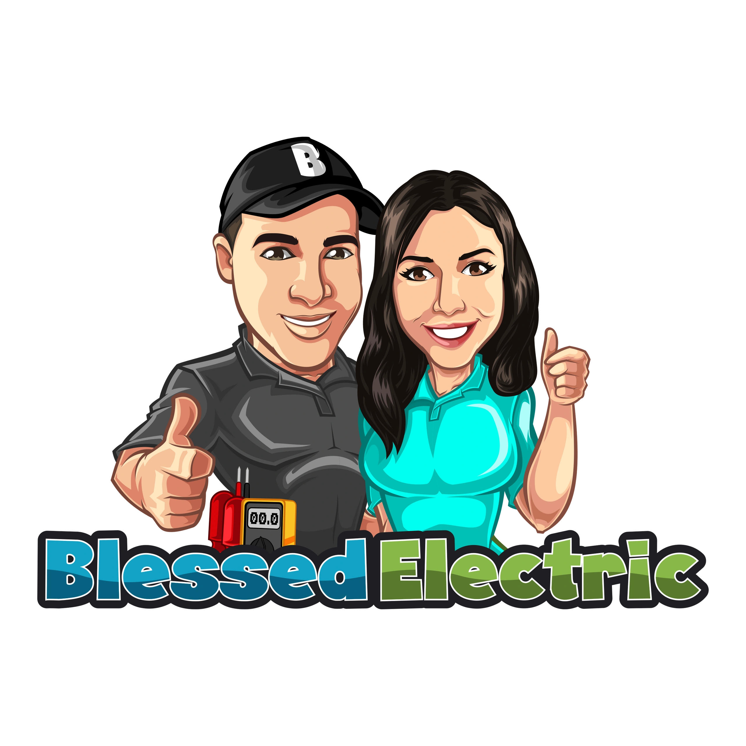 Caricature logo of a smiling man and woman giving thumbs up with 'Blessed Electric' text.