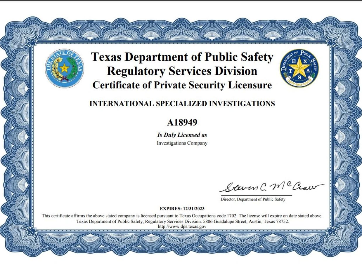 Texas D.P.S. Private Investigation License