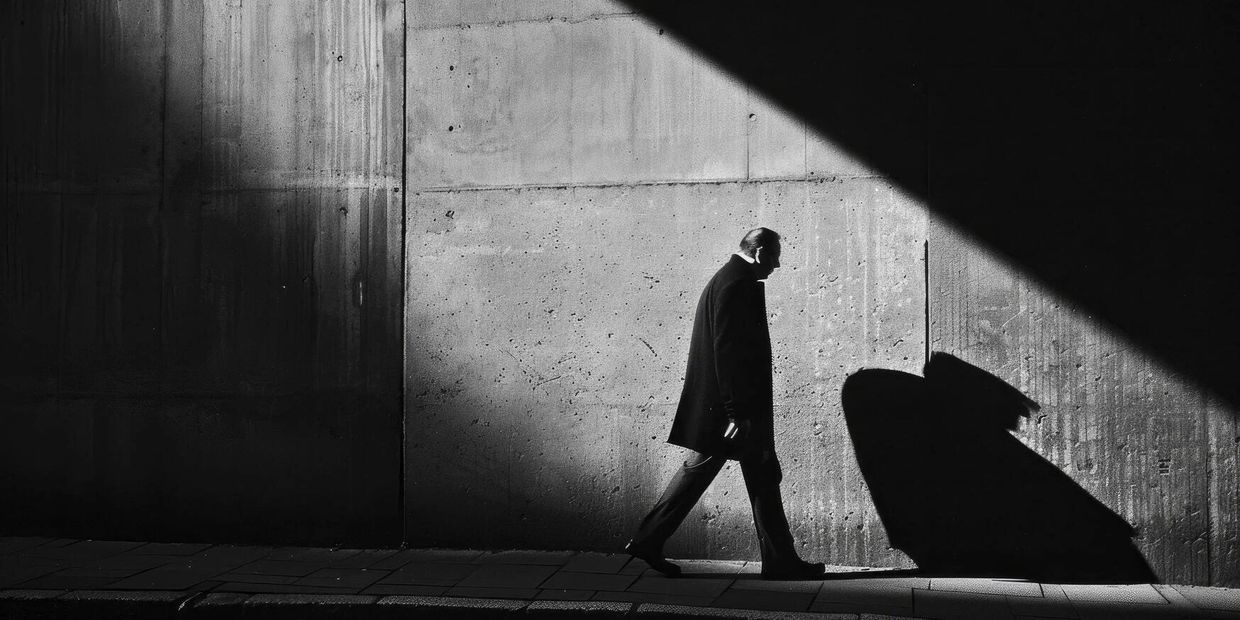 Man walking along a shadowed concrete wall, casting a large shadow.