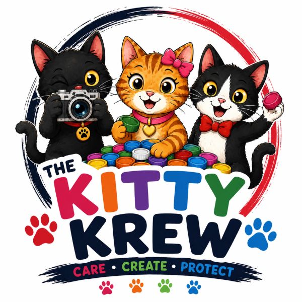 Cute kitty trio with colorful caps and The Kitty Krew logo.