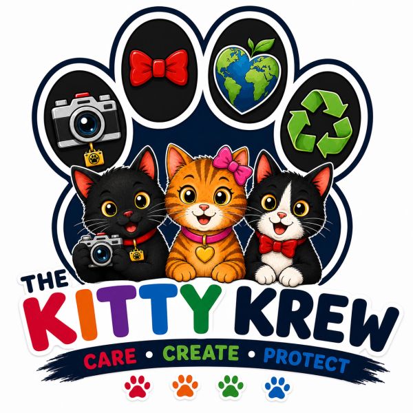 Three cute kittens with cameras and environmental symbols.