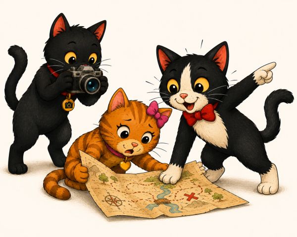 Three cats exploring with a map and camera.