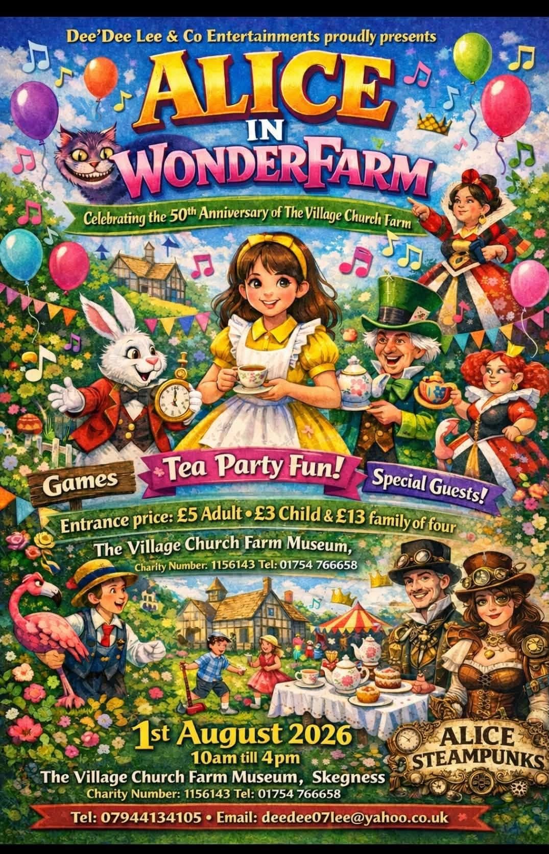 Colorful poster for Alice in Wonderfarm tea party event on August 1, 2026.