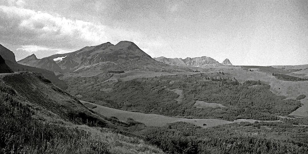 Black and white photo of a mountainous landscape with rolling hills and sparse trees.