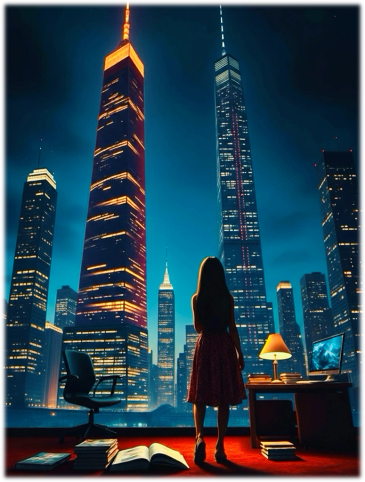 A woman standing by a window overlooking illuminated city skyscrapers at night.