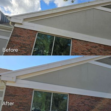 Before and after photos of a house exterior showing a cleaned or repainted gable area.